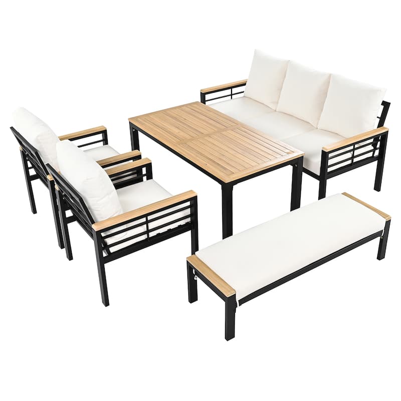 5-Piece Patio Acacia Wood Conversation Sets with Cushions
