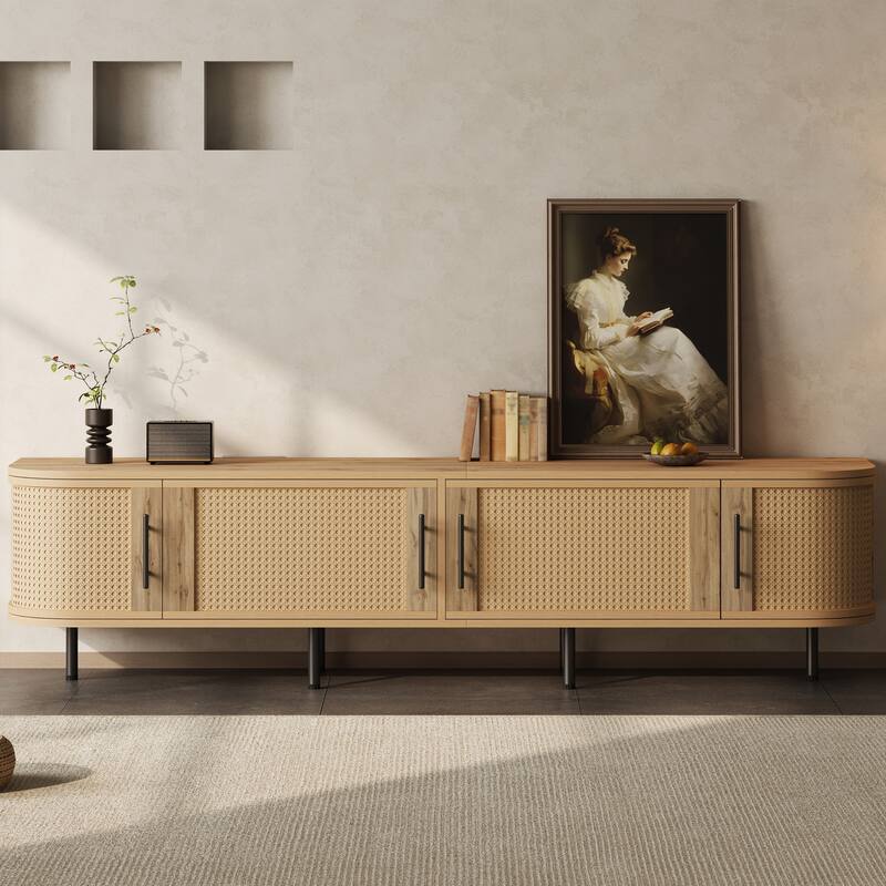 70" Modern TV Stand with Rattan Doors for TVs up to 80", Media Console with Storage Space & Cable Holes, Entertainment Center