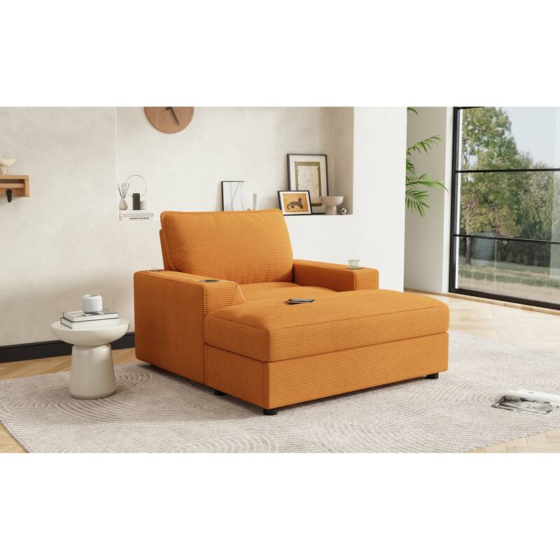 Roomfitters Oversized Chaise Lounge Chair with Storage Ottoman and Built-in USB Charging Port, Corduroy Sleeper Couch