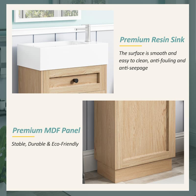 18.5" Bathroom Vanity with Resin Sink, MDF Cabinet, Adjustable Shelf, Reversible Door, Rustic Style for Small Spaces
