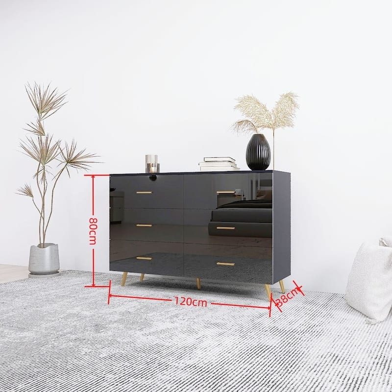 Modern Dresser Chest With 6 Drawers and Golden Handle，High Glossy Surface
