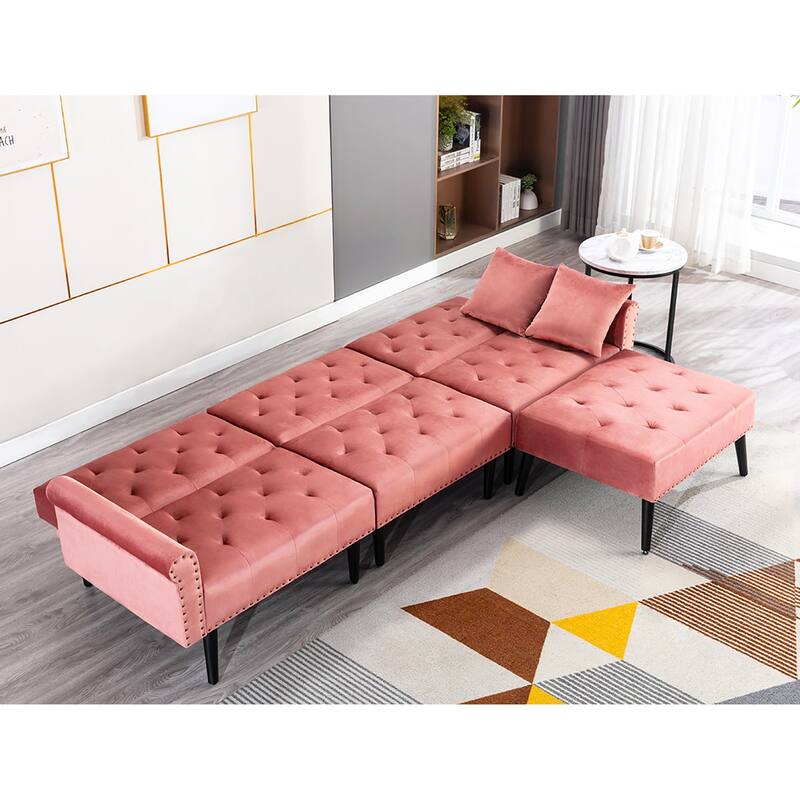 Convertible Velvet Sofa Couch, Sectional Sofa with Ottoman, Mid-Century Futon Sofa Bed - 32"D x 100.7"W x 29.9"H