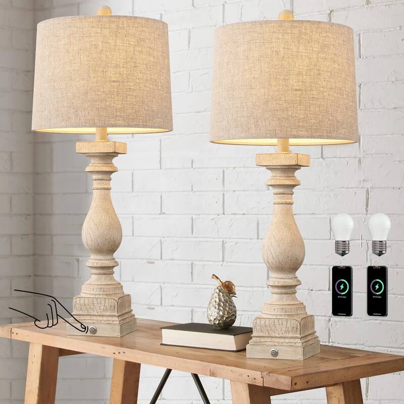 27" Farmhouse Table Lamp Set of 2 with USB A and C