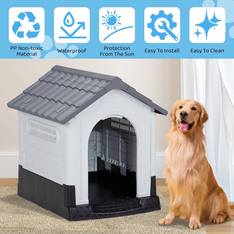 Plastic Dog House with Air Vents, Elevated Floor, Insulated Outdoor Indoor Kennel for Small Dogs