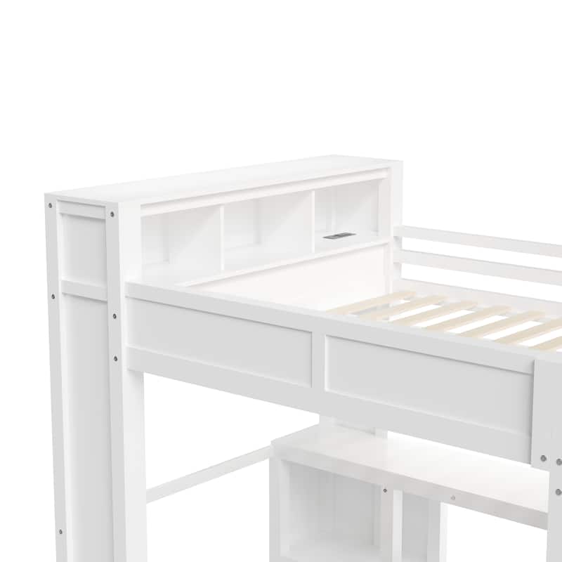 Heavy-Duty Loft Bed Queen Size Loft Frame with Wardrobe Desk USB
