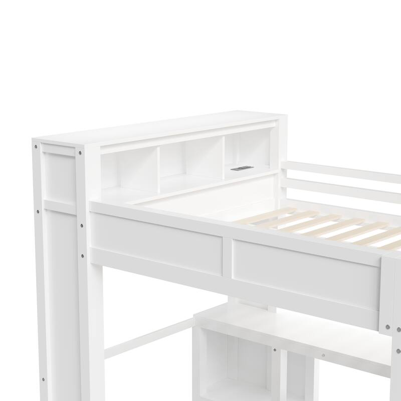 Modern Wooden Queen Size Loft Bed Frame with Wardrobe and Desk, Storage Headboard Built-in USB Charging Port