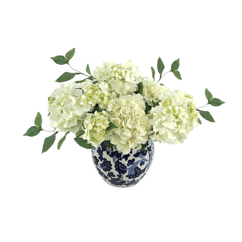 Hydrangea Floral Arrangement in Decorative Ceramic Vase - White, Blue