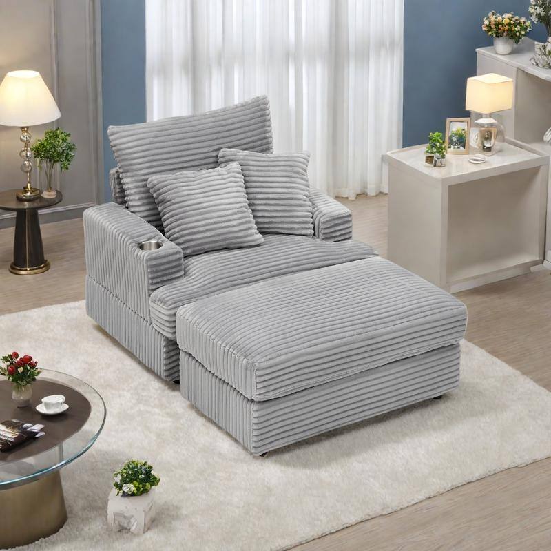 Corduroy Armchair Ottoman Set with Cup Holder, Spring Cushion and 2 Throw Pillows - Gray