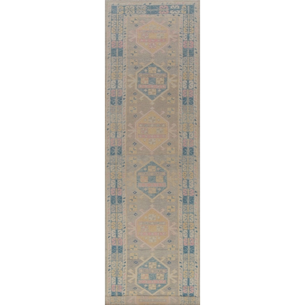 Hand Knotted Oriental 100% Wool Carpet Transitional Geometric Greys & Charcoal Oushak Runner Rug - 17' 6'' X 3' 1''