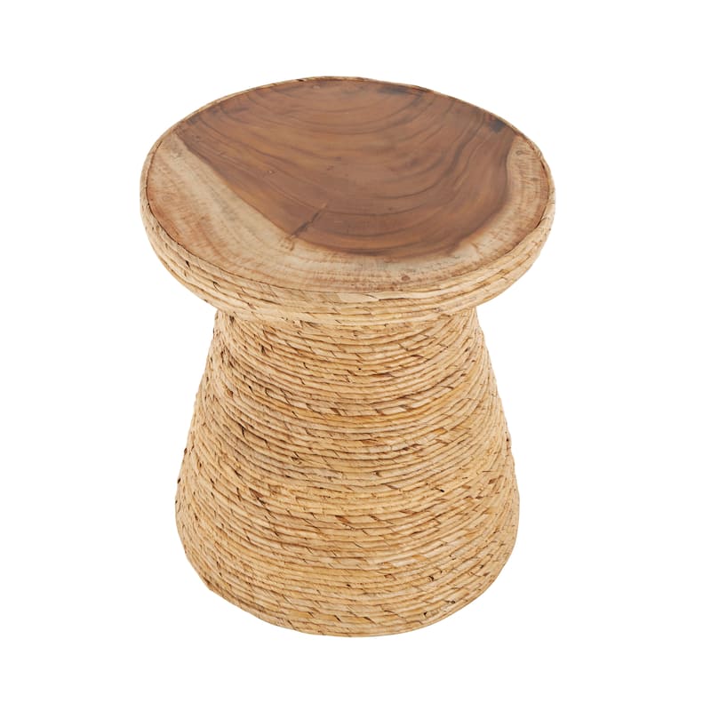 Banana Leaf Handmade Woven Accent Table with Wooden Tabletop - Brown - Roche River Decor - 16"W x 16"L x 19"H