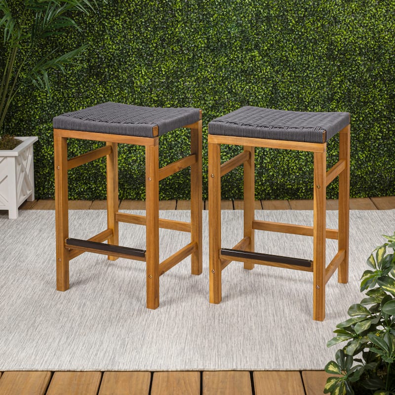 Armand Backless Acacia Wood Outdoor Stool with Woven Rope Seat, (Set of 2) - Grey - Counter Height