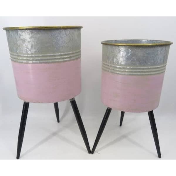 Pink Dip And Silver Buckets With Tripod Legs Planters (Set Of 2) Bed
