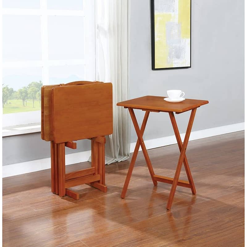 Avondale Solid Wood Traditional Golden Brown 4-piece Tray Table Set with Stand