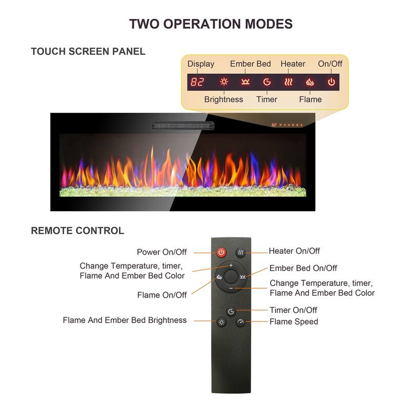 60" Tempered Glass Wall Mounted Electric Fireplace w/ LED Light Heater