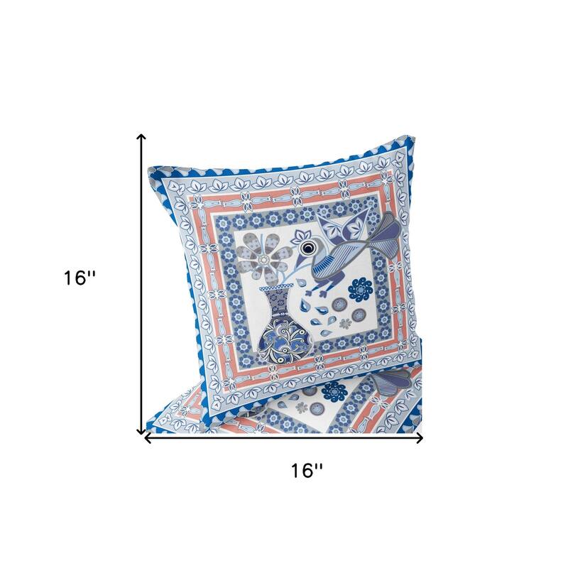 HomeRoots Set of Two 16" X 16" Blue and Gray Peacock Blown Seam Floral Indoor Outdoor Throw Pillow - 16.00' X '16.00' X '5.00
