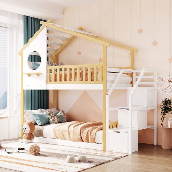 slide 2 of 12, Twin-over-Twin Bunk Bed Playhouse Wood House Bed with Storage Stairway and Guard Rail White