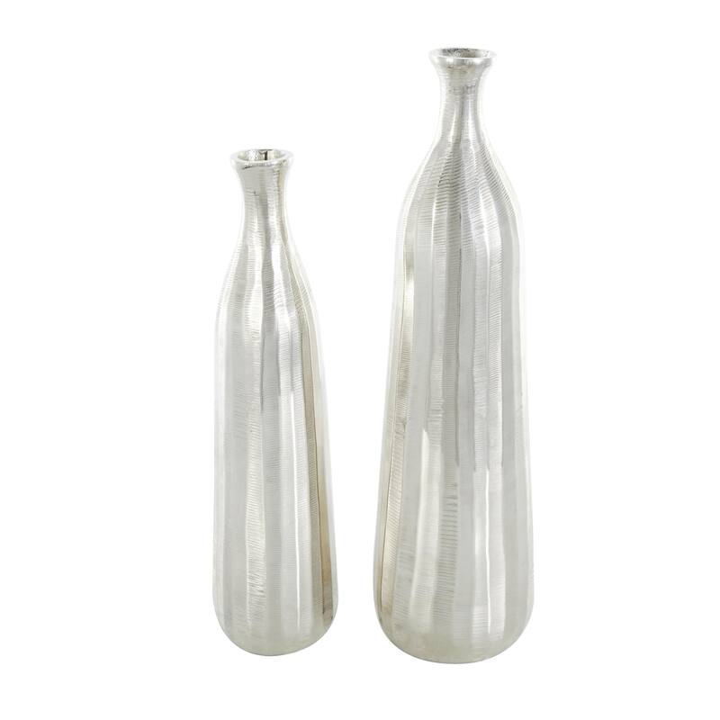 Aluminum Metal Decorative Vase with Wavy Accents and Textured Ridges - Set of 2 Silver or Gold - Roche River Decor