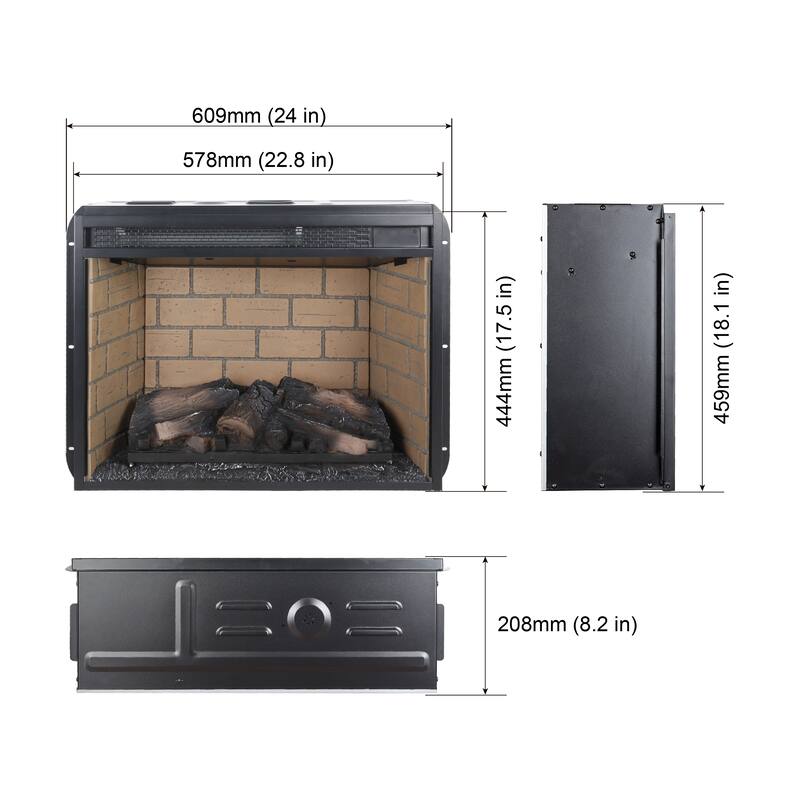 23-Inch Infrared Quartz Heater Fireplace Insert with Realistic Wood Log & Brick Design, Remote Control