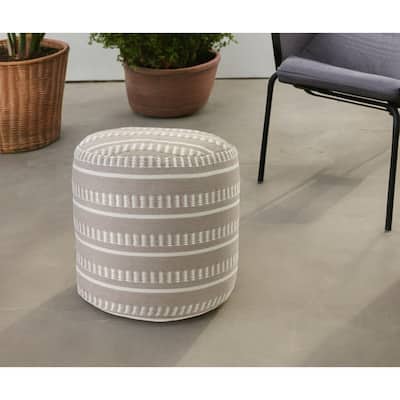 20" Brown Polyester Round Striped Indoor Outdoor Pouf Ottoman