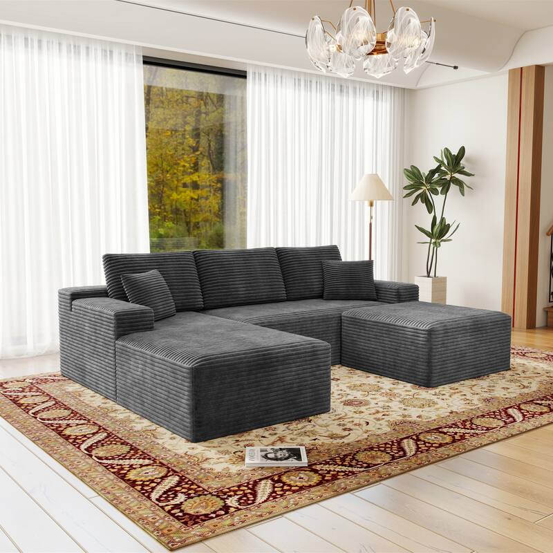 Roomfitters 104.3" Modular Sectional Sofa, 3-Piece Compressed Cloud Couch, No Assembly Required, Plush Corduroy, Grey