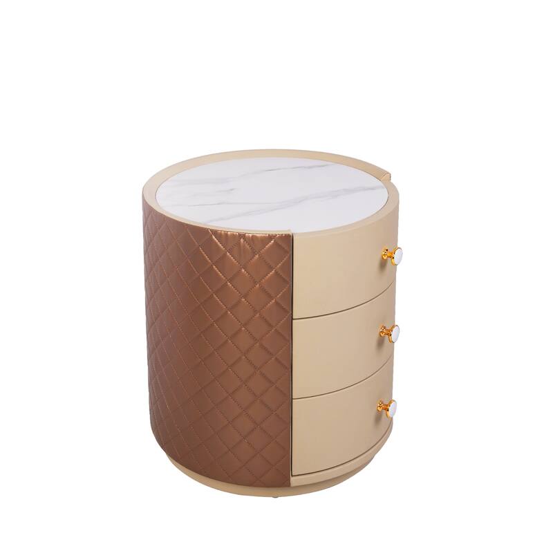 Round Bedroom Nightstand Table with 3 Drawers Sintered Stone-top