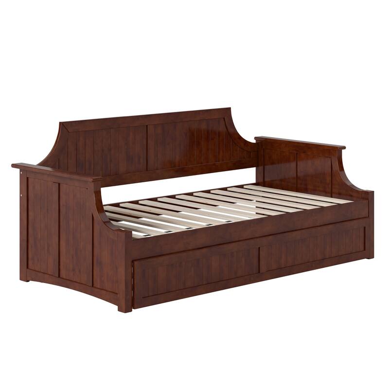 Twin Daybed with Trundle - Wood Frame Daybed for Living Room, Bedroom, Guest Room - Walnut Finish