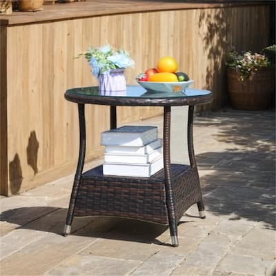Outdoor Round Coffee Table with Clear Tempered Glass with Steel Frame
