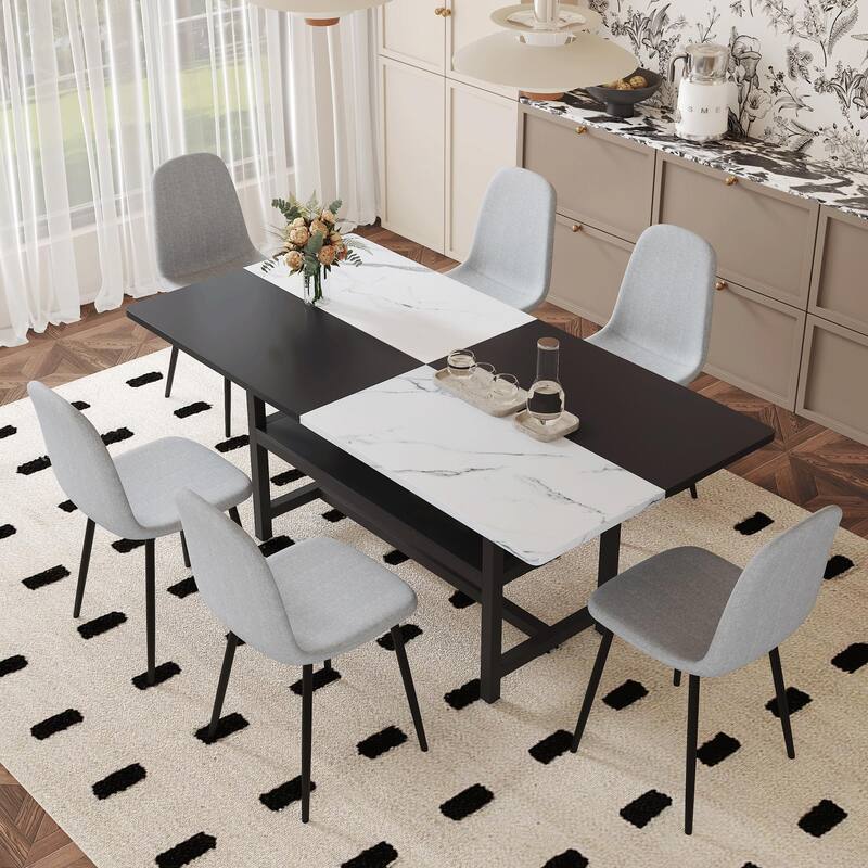 Dining Table with Storage, Scratch-Resistant MDF White & Black Top, Linen-Cotton Chairs, Iron Pipe Spraying Legs