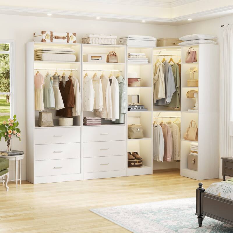 Corner Closet System with 6 Drawers & 4 Hanging Rods,Set of 3,Reversible Walk-in Closet Organizer System with Adjustable Shelves