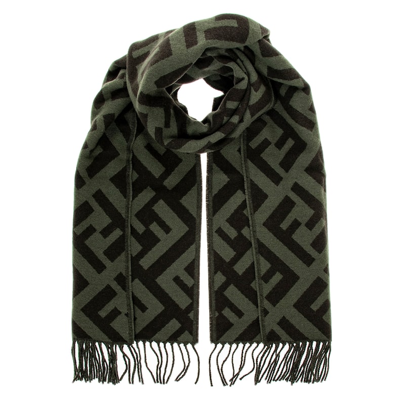 Fendi FF Cashmere Scarf with Fringe - Dark Green and Black