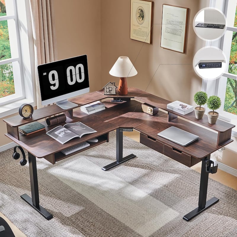 60'' L Shaped Electric Comnputer Desk, Height Adjustable Gaming Desk - Dark Walnut