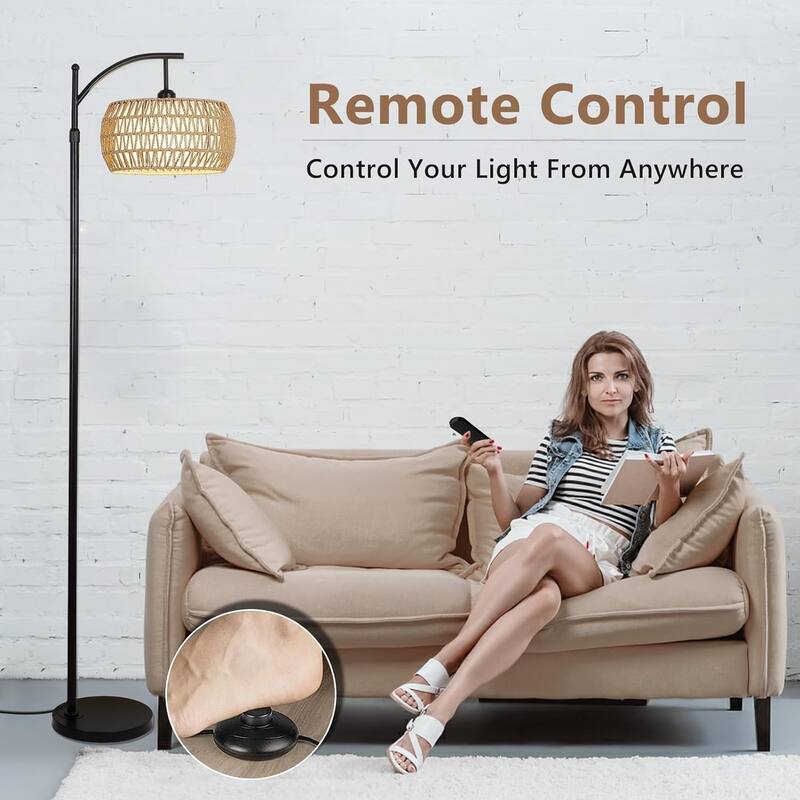 Arc Floor Lamp with Remote Control,Dimmable LED Lamp with 3 Color Temperature,Standing Lamp with Rattan & Fabric Drum Shade