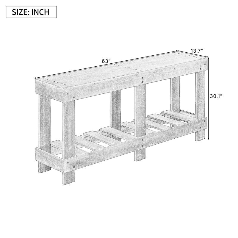 62.9" Vintage Entryway Table, Fir Solid Wood Console Table Sofa Table with Shelf, 6 Reinforced Legs and 4.5" Thick Desktop