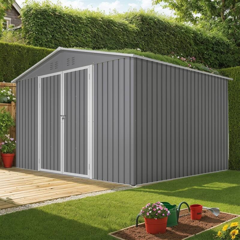10X8 FT Outdoor Metal Storage Shed, with Lockable Doors, Tool Shed - 10X8 FT