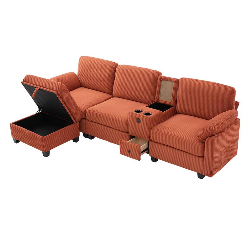 HOMEFUN Corduroy Upholstered L-Shaped 4-seater Storage Multifunctional Sectional Sofa with Storage Ottoman,Cup Holder and USB