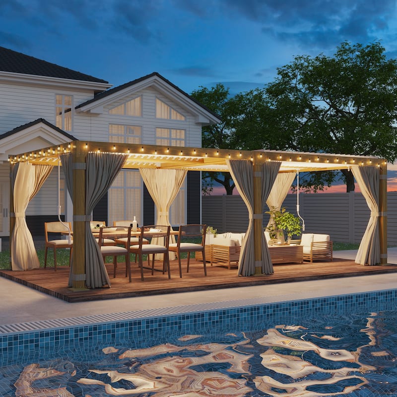 Outdoor Louvered Pergola, Outdoor Patio Hardtop Gazebo, Adjustable Metal Roof Curtains and Netting Included