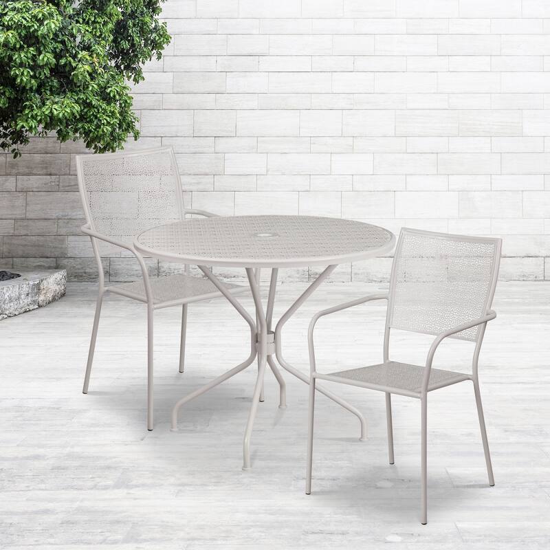 35-inch Round Steel 3-piece Patio Table Set with Square Back Chairs - Light Gray