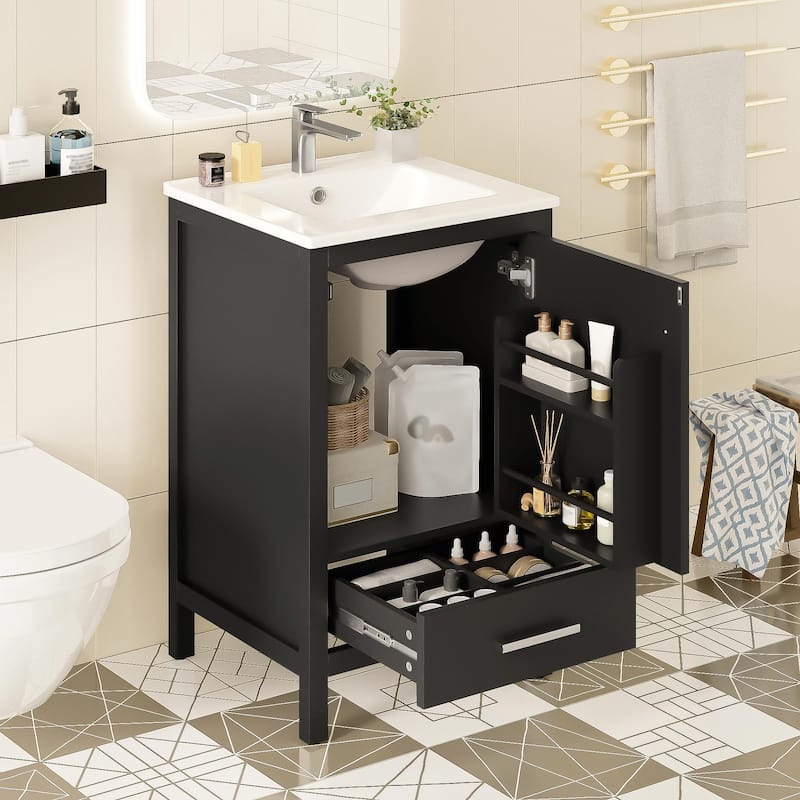 Modern Bathroom Vanity with Ceramic Sink - Soft-Close Drawers, Door Organizer, Divider Drawer - Black - 20 inch Width