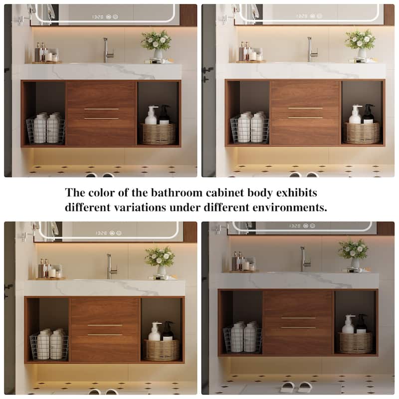 GDFStudio - Modern 39.4" Wall Mounted Floating Sintered Stone Bathroom Vanity with Seamless Ceramic Sink & Soft-Close Drawers