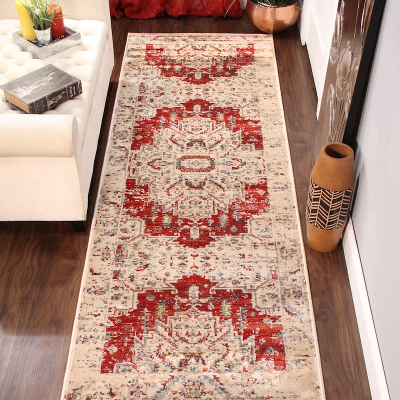 Vintage Distressed Medallion Indoor Area Rug or Runner by Superior - 2' 7" X 8' - Red