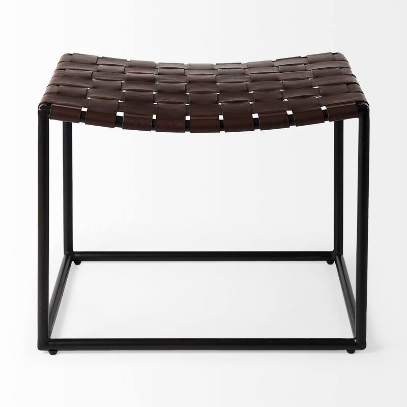 Clarissa Black Woven Genuine Leather Seat w/Gold Metal Frame Stool - 22.0L x 16.0W x 16.5H