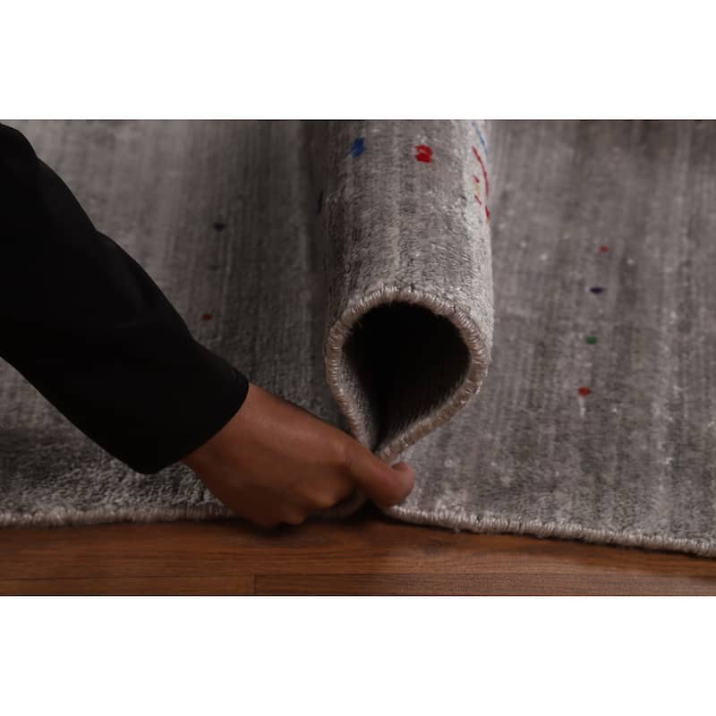 Hand Knotted Oriental Viscose Silk Carpet Tribal Animal Pictorial Greys & Charcoal Gabbeh Area Rug - 11' 6'' X 7' 11''