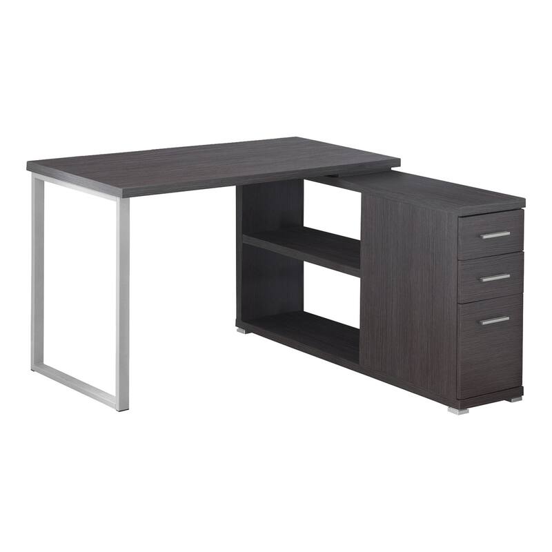 L-Shaped Computer Desk with Storage Drawers, Adjustable Shelf, Metal Base - Grey