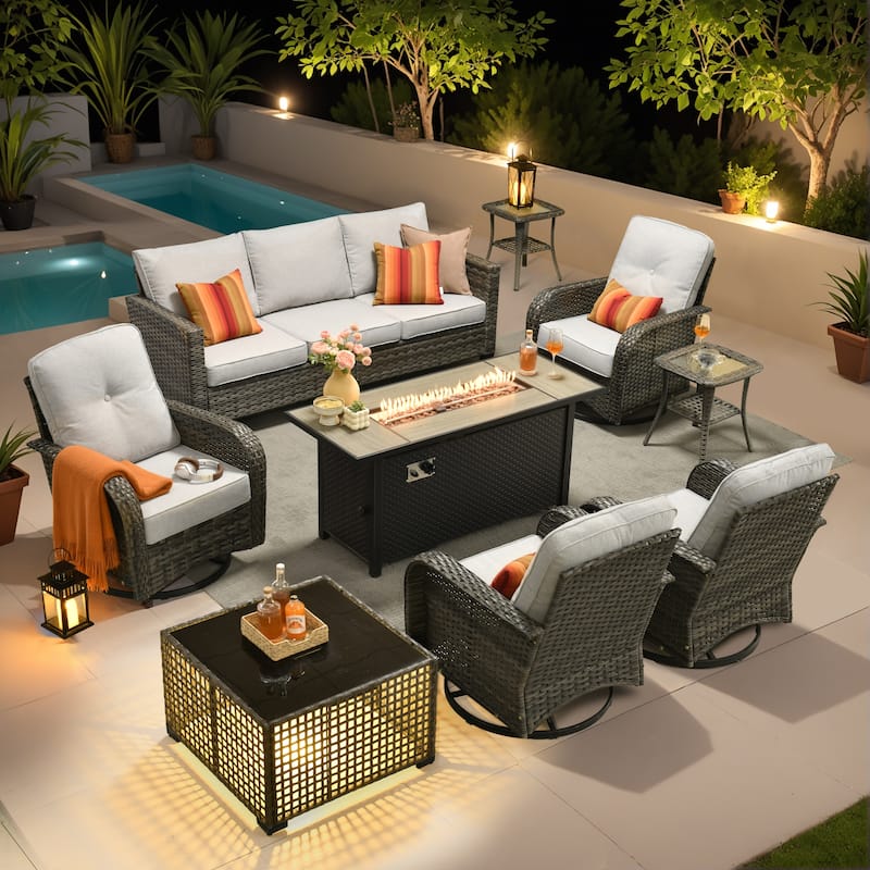 OVIOS 9-Piece Outdoor Wicker Conversation Set with Fire Pit - Grey