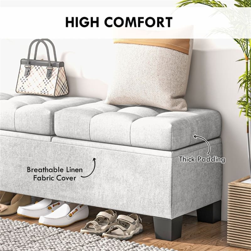 Linen Under-Seat Storage Ottoman Bench with Soft Cushion Seat for Entryway or Bedroom Use - 45.75" W x 16.25" D x 18.5" H