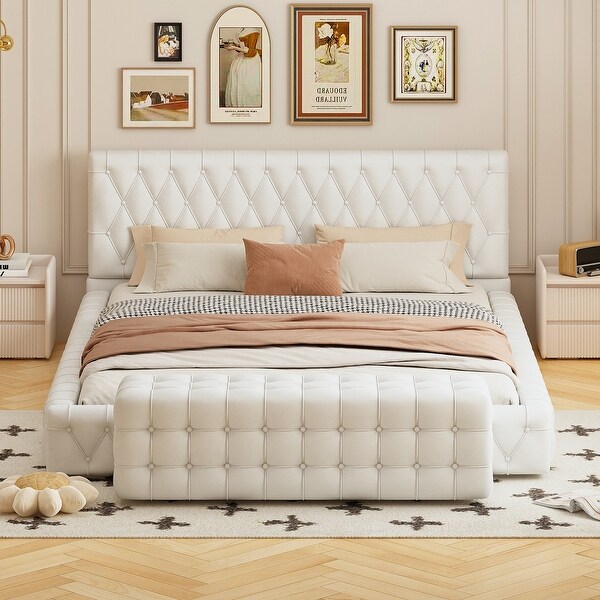 Queen Size Upholstered Bed with Tufted Headboard and Ottoman Set No Box Spring Required White