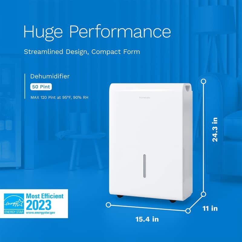 hOmeLabs 50 Pint Wi-Fi Dehumidifier for up to 7,000 Sq Ft Rooms (MAX 120 Pint at 95°F, 90% RH) - for Large Rooms and Basements