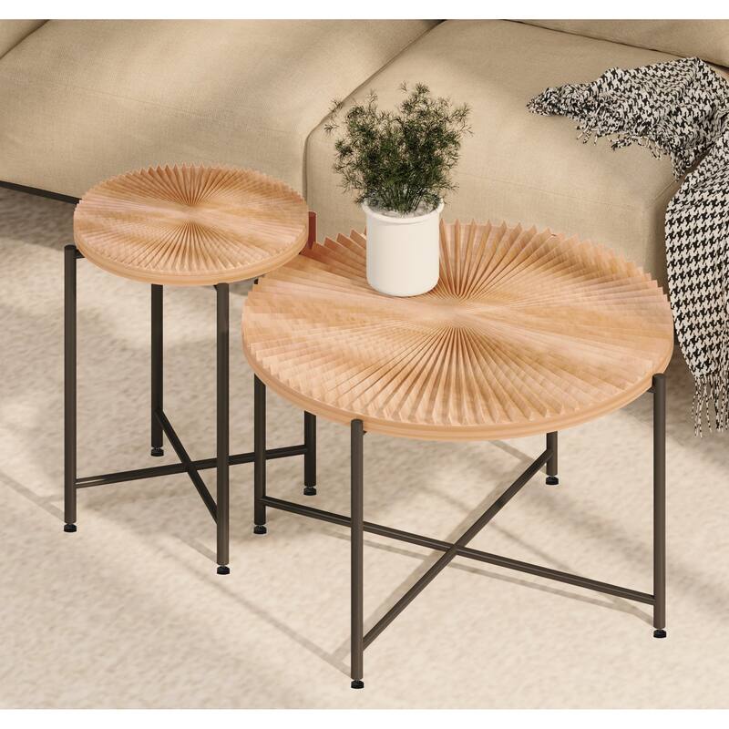 2-Piece Coffee and End Table Set - Waterproof MDF with PVC Cover, Distressed Cylindrical Design