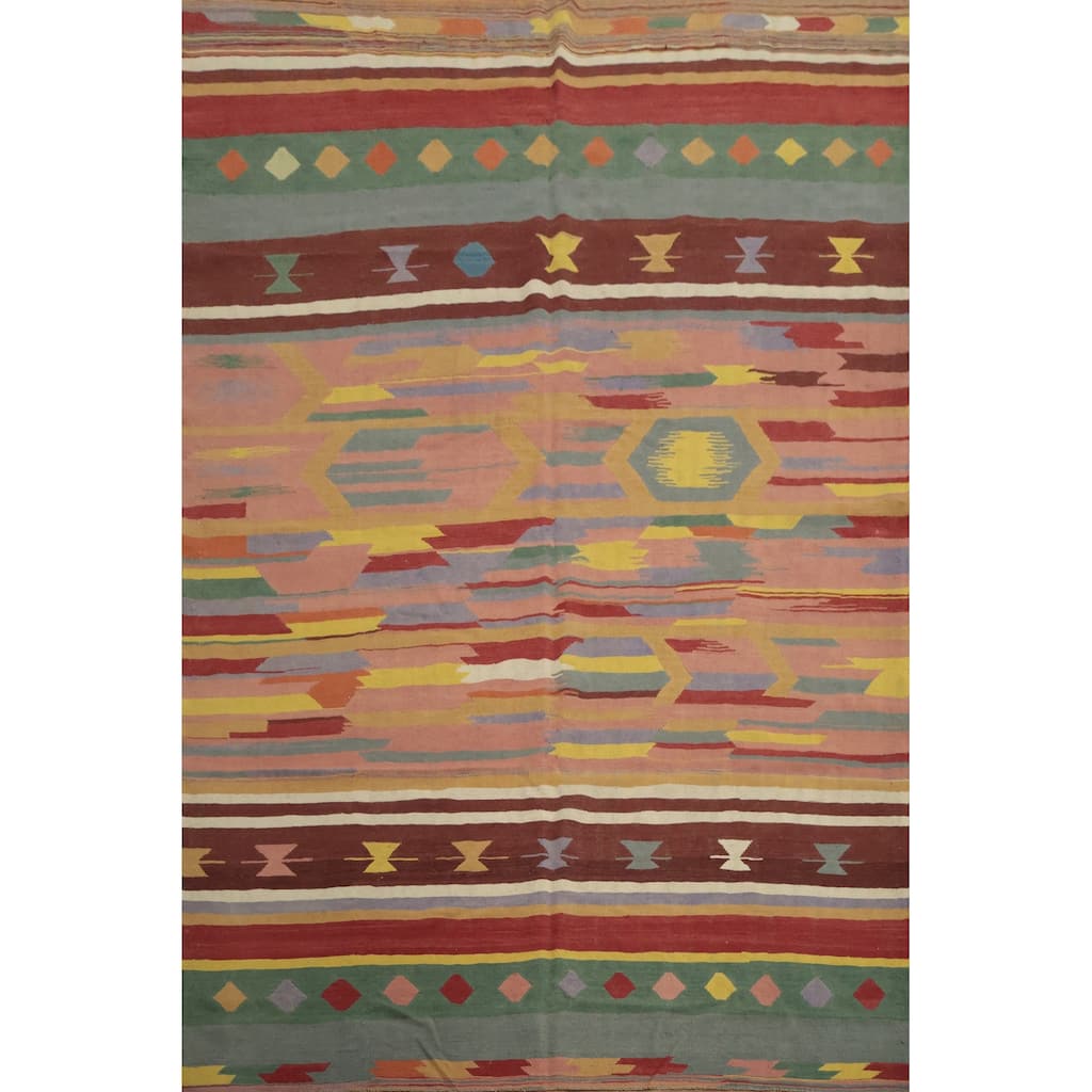 Hand Woven Oriental 100% Wool Carpet Southwestern Tribal Multi-Colored Kilim Area Rug - 11' 10'' X 8' 9''