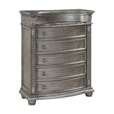 Toga Tall Dresser Chest, 5 Drawers, Gray Acacia Wood, Carved Details